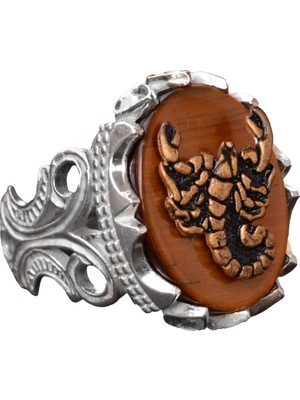 925 Ayar Gümüş Erkek Yüzük - Doğal Kaplan Gözü Taş Yüzük - Yüzükler (Akrep)