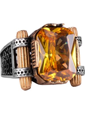 Citrine Yapay Taşlı Yüzük - 925 Ayar Gümüş El Yapımı Yüzük - Erkek Takı - Tasarım Gümüş Erkek Yüzüğü