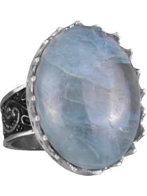 Doğal Taş Yüzük - 925 Ayar Gümüş Büyük Yüzük - El Yapımı Yüzük (Aquamarine)