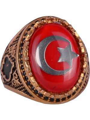 925 Ayar Gümüş Altın Kaplama Erkek Yüzük - Hilal ve Yıldız Tasarımı (Kırmızı)