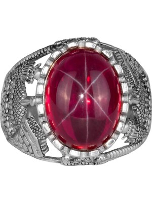 Doğal Yıldız Yakut Taşlı Yüzük, 925 Ayar Gümüş Erkek Yüzük