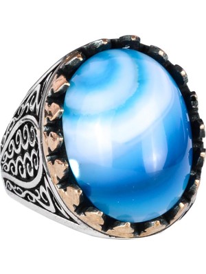 925 Ayar Saf Gümüş Erkek Yüzük - Doğal Taşlarla El Yapımı Şıklık (Mavi Akik Taşı)