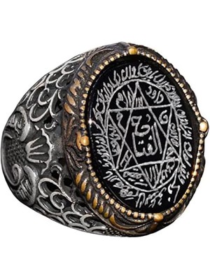 El Yapımı Süleyman Mühürü Yüzüğü, Siyah Oniks Taşı, Islami Erkek Yüzüğü, 925 Ayar Gümüş Yüzük (Oniks)