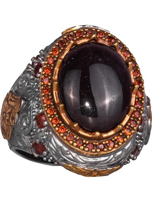 Erkekler Için 925 Ayar Gümüş Yüzük - Doğal Yıldız Granat Taşı ile El Yapımı Vintage Tasarım, Ayrıntılı Kırmızı Taş Vurguları ile