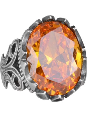 925 Ayar Gümüş Erkek Yüzük - Farklı Tasarım Yapay Taşlarla Mevcuttur (Turuncu Sitrin Tasarım Taşı)