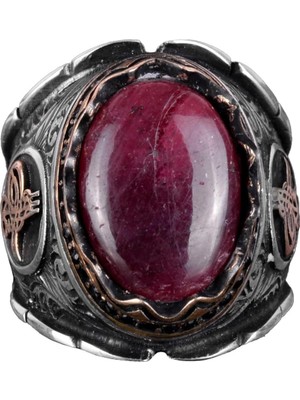 Osmanlı Tuğra Cabochon Doğal Yakut Taş Yüzük, 925 Ayar Gümüş Yüzük Erkekler Için, Farklı Yüzük