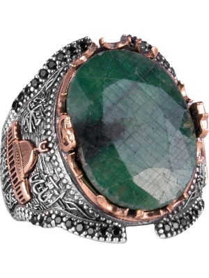 Islami Gümüş Yüzük, Doğal Zümrüt Taşlı Yüzük, 925 Ayar Tam Gümüş Erkek Yüzüğü