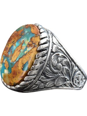 Doğal Turkuaz Taş Yüzük - 925 Ayar Gümüş El Yapımı Erkek Takısı