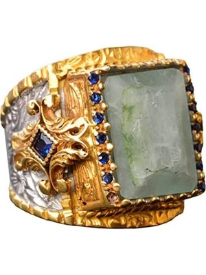 Doğal Akuamarin Taşlı El Yapımı Yüzük, Altın Kaplama Sterlin Gümüş Erkek Yüzüğü - Sakinlik ve Cesaret Sembolü