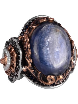 El Yapımı Aslan Başı Erkek Yüzüğü, Doğal Kyanit Taş Yüzük - 925 Ayar Gümüş Yüzük Erkekler Için