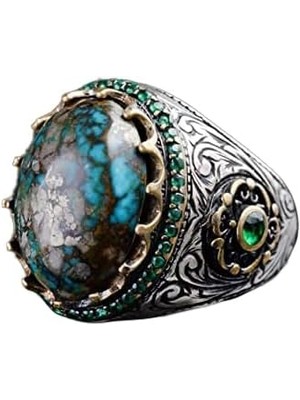 Erkekler Için El Yapımı Doğal Arizona Turkuaz Taş Yüzük, 925 Ayar Gümüş Yüzük, Sultan Yüzük (Model-12)