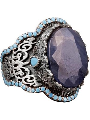 El Yapımı 925 Ayar Gümüş Erkek Yüzük - Doğal Taşlı (Safir)