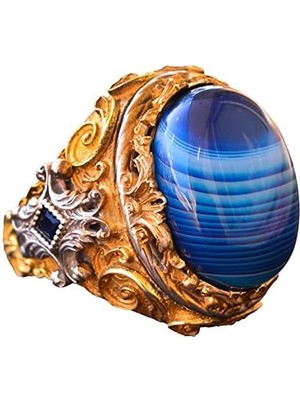 Doğal Mavi Akik Taş Erkek Yüzüğü, Altın Kaplama 925 Ayar Gümüş Yüzük, El Yapımı Gümüş Yüzük