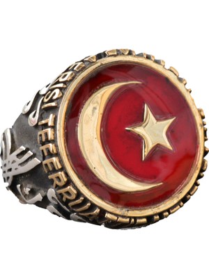 Erkek Gümüş Yüzük - Kırmızı Hilal ve Yıldız Tasarımı, Türk Bayragı Yüzük
