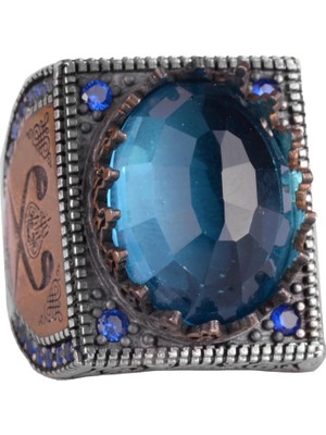 925 Ayar Gümüş Islami Yüzük, Yapay Taş Yüzük, El Yapımı Hat Yazılı Yüzük (Yapay Akuamarin)