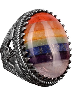 925 Ayar Gümüş Erkek Yüzük, 7 Çakra Doğal Taşı Yüzük, Gökkuşağı Yüzük, Tuğra Yüzük