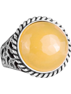 Doğal Taş Yüzük - 925 Ayar Katı Gümüş Erkek Yüzüğü ile Sarı Akik