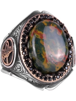 925 Ayar Sert Gümüş Erkek Yüzük Doğal Taşlarla - El Yapımı Zarafet (Yeşil Kan Taşı)