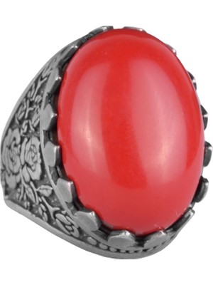 925 Ayar Gümüş Yüzük - Gül Desenli Yüzük - Doğal Olmayan Taş Yüzük (Üretilmiş Mercan)