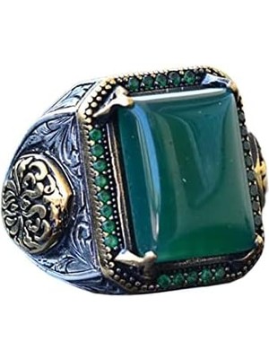 Doğal Yeşil Jade Taşı, Sterlin Gümüş Erkek Yüzük, Bizans Imparatorluğu Yüzüğü