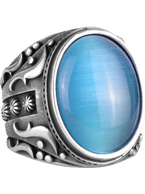925 Ayar Gümüş Yüzük, Tasarım Gümüş Erkek Yüzüğü (Yapay Açık Mavi Kedi Gözü Taşı)