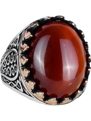 925 Ayar Sert Gümüş Erkek Yüzük - Doğal Kırmızı Akik Taşı ile El Yapımı Şıklık