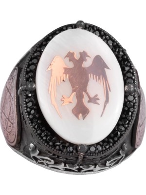 Doğal Inci Taşlı Yüzük - 925 Ayar Gümüş El Yapımı Erkek Yüzüğü - Iki Başlı Kartal Tasarımı