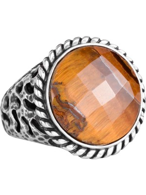 Doğal Taş Yüzük - 925 Ayar Katı Gümüş Erkek Yüzüğü, Kaplan Gözü