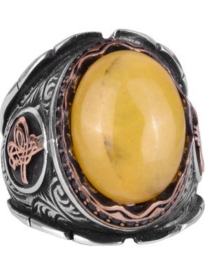 Osmanlı Tuğra Gümüş Yüzük, Doğal Sarı Akik Taşlı Yüzük, 925 Ayar Gümüş Yüzük Erkekler Için