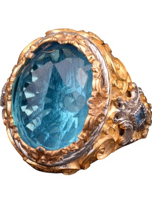 Gümüş Erkek Kral Büyük Yüzük, Yapay Mavi Topaz Taşı, Altın Kaplama