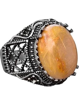 Doğal Altın Rutilli Kuvars Taşı Yüzük - 925 Ayar Gümüş Sultan Yüzüğü