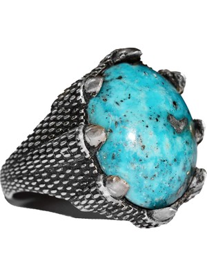 Sterling Gümüş Erkek Yüzük - Arizona Turkuaz Doğal Taş - Şahin Pençesi Tasarımı (Stil-3)