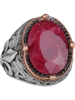 925 Ayar Gümüş El Yapımı Erkek Yüzük - Çeşitli Doğal Yakut Taşlı