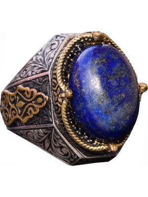 El Yapımı Vintage Tasarım Zümrüt Yüzük - 925 Ayar Gümüş Erkek Yüzük Altın Aksamlarıyla (Lapis Lazuli)