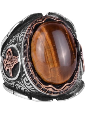 El Yapımı Cabochon Kaplan Gözlü Taş Yüzük, 925K Katı Gümüş Erkek Yüzüğü, Cesur Tasarım, Osmanlı Tuğra Yüzüğü