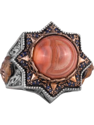 Sterling Gümüş Akik Taş Yüzük, Doğal Kırmızı Akik Erkek Yüzüğü, Vintage Yıldız Tasarımı