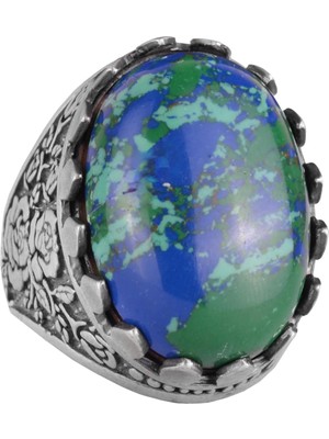 925 Ayar Gümüş Yüzük - Gül Desenli Yüzük - Erkekler Için Yapay Taş Yüzük (Yapay Krysokolla)