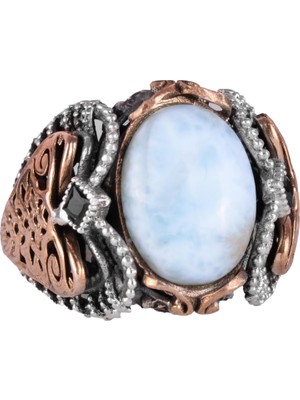 Doğal Larimar Taşlı Yüzük, 925K Saf Gümüş Erkek Yüzüğü, Okyanus Sakinliği Tasarımı