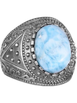 Doğal Taş Yüzük, 925 Ayar Katı Gümüş Erkek Yüzüğü (Larimar)