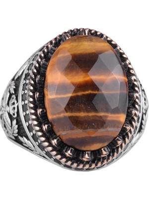 Doğal Taş Yüzük - El Yapımı Kartal Yüzük - 925 Ayar Gümüş Yüzük (Kaplan Gözü)