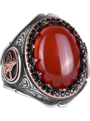 925 Ayar Katı Gümüş Erkek Yüzük Doğal Taşlarla - El Yapımı Şıklık (Kırmızı Akik Taşı)