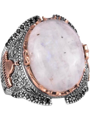 Doğal Ay Taşı Değerli Taş Yüzüğü, 925 Ayar Kaliteli Gümüş Erkek Yüzüğü, Ay Işığı Tasarımı