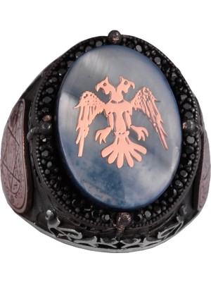 Özel Desenli Yüzük - Davut Yıldızı Yüzüğü - El Yapımı Yüzük - 925 Ayar Gümüş Erkek Yüzüğü (Çift Başlı Kartal)