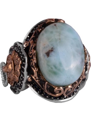 El Yapımı Aslan Sembolü Yüzük, Larimar Taşı Yüzük - Sakin 925K Katı Gümüş Erkek Yüzüğü