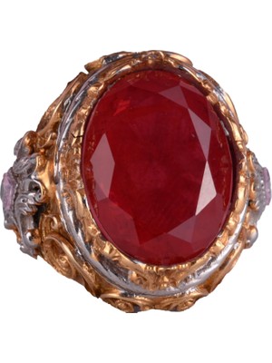 Erkekler Için Yapay Taş Yüzük - Sultan Yüzük - El Yapımı 925 Ayar Gümüş Yüzük - Kırmızı Paraiba Yüzük