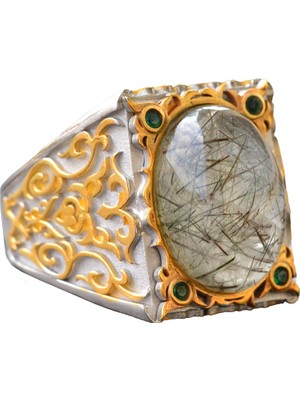 Doğal Rutilatlı Kuvars Taşı Yüzük, 925 Ayar Gümüş Yüzük Erkekler Için, Sultan Erkek Yüzüğü