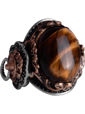 El Yapımı Kaplan Gözü Taşlı Yüzük, Aslan Sembol Yüzüğü - 925K Katkısız Gümüş Erkek Yüzüğü - Cesur Tasarım