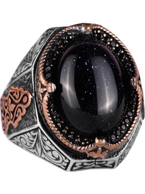 Mavi Güneş Taşı Yapay Taş Yüzük, 925 Ayar Gümüş Erkek Yüzüğü, Şık El Yapımı Gümüş Yüzük