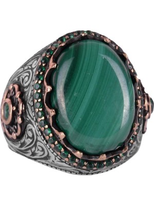 Doğal Taş Yüzük - 925 Ayar Gümüş El Yapımı Yüzük (Malakit)