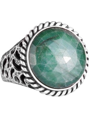 Doğal Taş Yüzük - 925 Ayar Katı Gümüş Erkek Yüzük Zümrüt ile